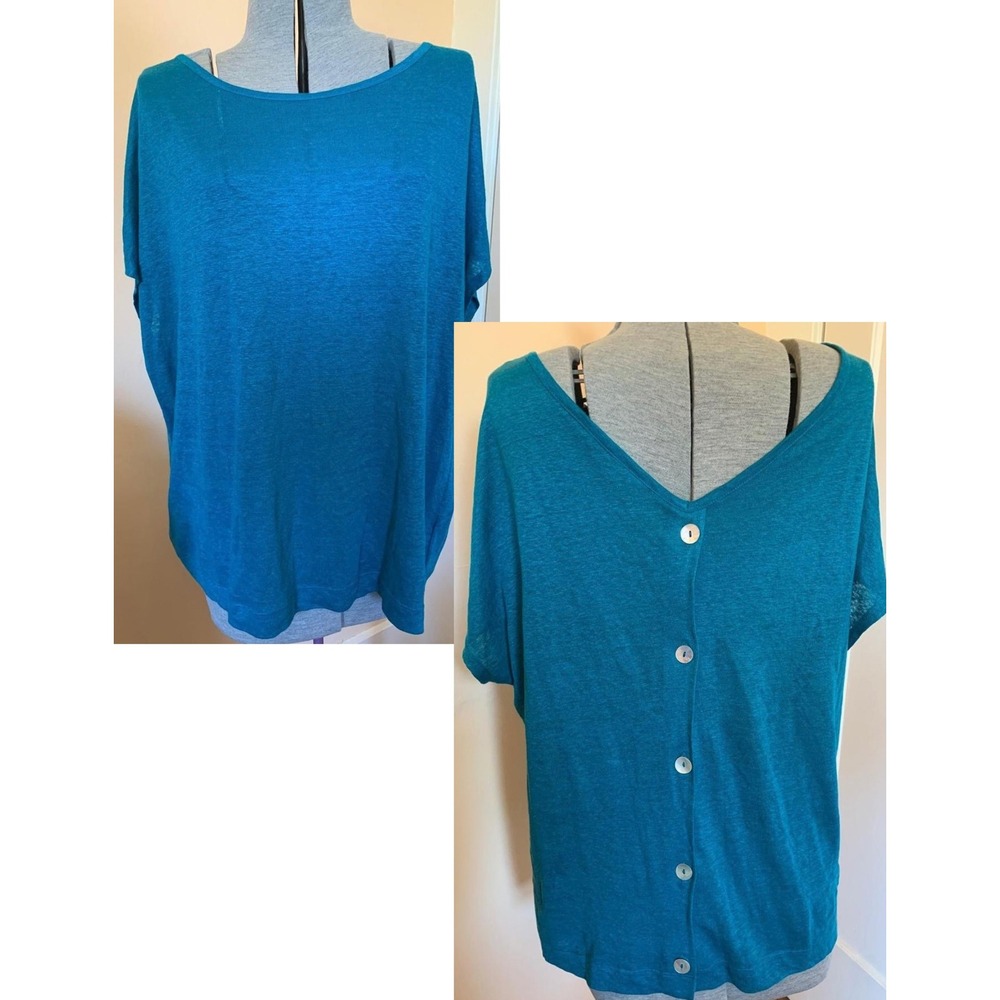 J.Jill Teal Blue 100% Linen Button Back Short Sleeve Knit Top Boxy Lagenlook